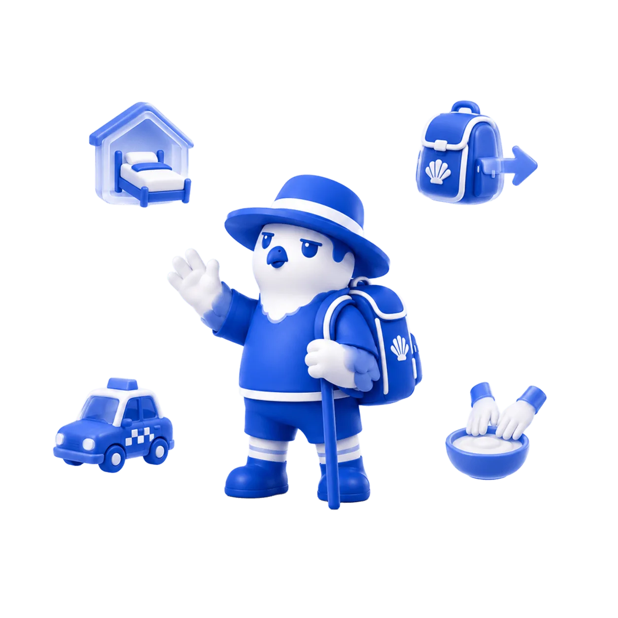 Mascota El Peregrino con los servicios del Camino: alojamiento, mochila, taxi y bienestar